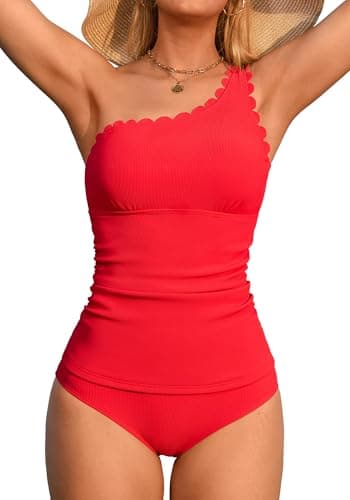 ANFILIA Tankini Bathing Suits for Women Two Piece Tummy Control Tankini Swimsuits Scallop Swimwear Ruched Tankini Set Red