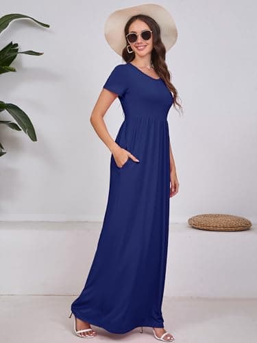 DEARCASE Maxi Dress for Women Dark Blue X-Large Crewneck Short Sleeve Sundresses Wedding Guest A-line Casual Loose Party Vintage Spring Summer Vacation Flowy Beach Long Dresses with Pockets - Thumbnail 5