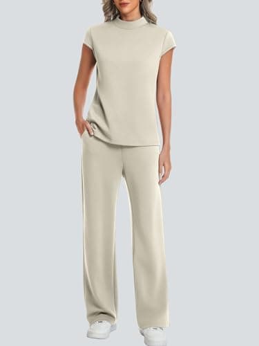 Casly Lamiit 2 Piece Sets for Women Summer 2026 Lounge Travel Vacation Outfits Cap Sleeve Tops Drawstring Wide Leg Pant Sets with Pockets Dark Beige L - Thumbnail 3