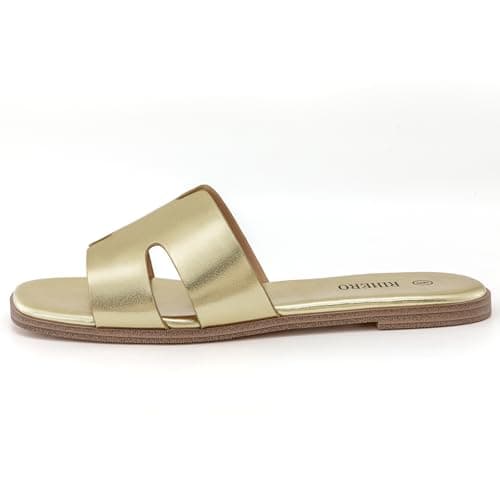 Rihero Women's Dressy Flat Sandals Comfortable Slip On Leather Slide Gold Sandals - Thumbnail 4