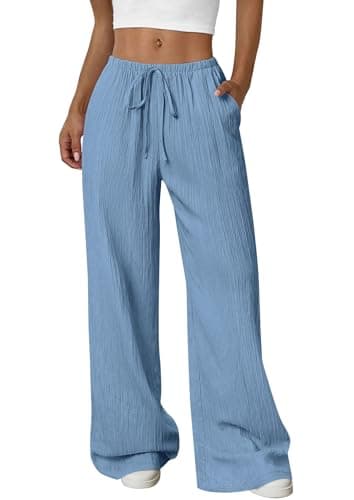 PRETTYGARDEN Womens Wide Leg Pants Summer Fashion 2026 High Waisted Drawstring Palazzo Pant Flowy Beach Trousers with Pockets (Blue,Small) - Image 1