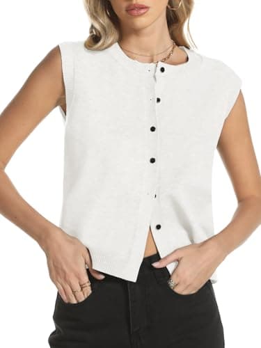 COCCKO Womens Sweater Vest Sleeveless Cardigan Button Up Crew Neck Summer Lightweight Knit Tank Top White - Thumbnail 4