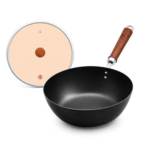 WANGYUANJI 10.24-Inch Carbon Steel Wok with Lid, Flat Bottom Small Wok Pan for 1–3 Servings, Uncoated Stir Fry Pan, Glass Lid, Induction/Gas/Electric Compatible, Wood Handle, Black - Image 1