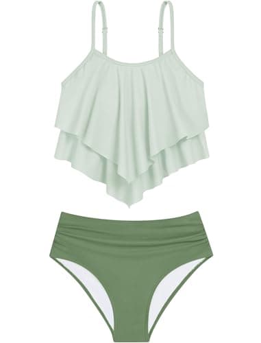 HOZIY Size 10 Girls Swimsuit Bikini Tween Bathing Suit 8-10 9 Swimwear Swimming Swim Suits 2 Piece Green Tiered Ruffle Ruched Bottom - Image 1