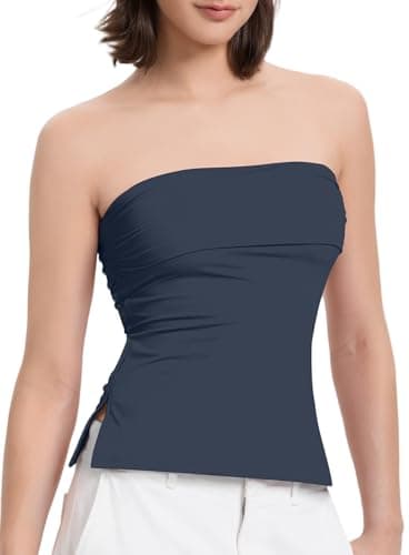 Women Tube Tops Sexy Double Line Going Out Trendy Strapless Tank Tops Seamless Side Split Tops (Navy,XS)