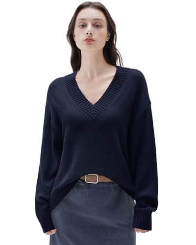 SUUKSESS Women Cashmere Oversized Sweaters V Neck Pullover Tops Fall Winter Long Sleeve Jumpers (Navy Blue,L)