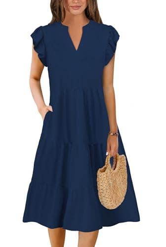 Summer Dresses for Women 2026 Elegant Classy Denim Dress Linen Business Casual Airy Skirt Plus Size T Shirt Midi Beach Clothes Boho Maxi Sundresses Fall Fashion Must Haves Navy Blue Medium - Image 1
