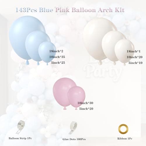 Pink and Blue Balloon Garland Arch Kit 143Pcs Pink White Blue Latex Balloons for Boys Girls Gender Reveal Birthday Party Decoration - Thumbnail 2