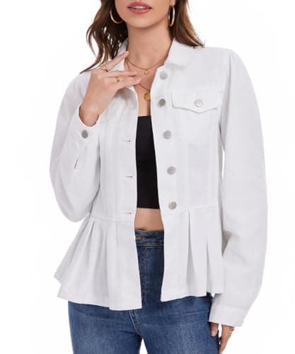 J.Corrine Womens Denim Jacket Peplum Ruffle Hem Jeans Jacket Button Down Casual Trendy Puff Long Sleeve Jean Jackets White S - Image 1
