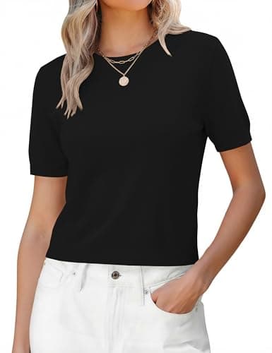 LaGracia Cropped Sweaters for Women Short Sleeve Crewneck Cashmere Wool Blend Lightweight Business Casual Sweater Crop Tops Summer Spring Vacation Outfits Black M - Image 1