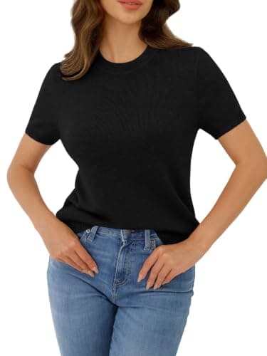 GKBK Women's Short Sleeve Sweaters Lightweight Wool Blend Knit Pullover Summer Tops Soft Basic Tee Shirts Business Casual Outfits for Women 2026 Fashion Trendy Black M - Thumbnail 6
