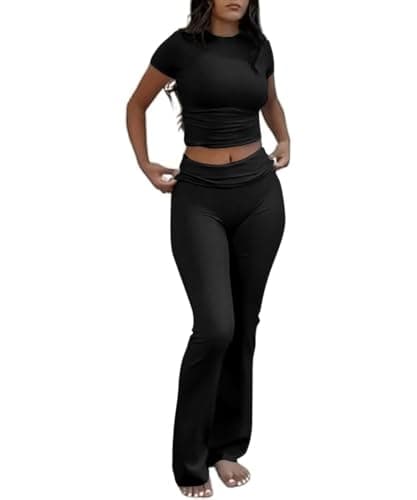 DLOODA Two Piece Sets for Women Matching Lounge Set Short Sleeve Crop Top Fold Over Flare Pants Travel Outfits Black Medium - Image 1