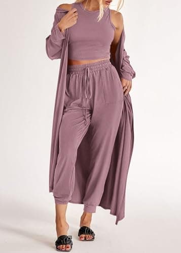 KIRUNDO 3 Piece Lounge Sets for Women Airport Travel Vacation Outfits 2026 Fall Cardigan Matching Sleeveless Top Jogger Pants(Mauve, Medium) - Thumbnail 3
