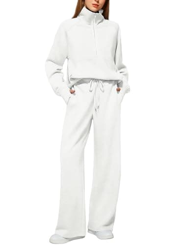 Casly Lamiit Womens Two Piece Outfits 2025 Fashion Half Zip Sweatshirt Wide Leg Sweatpant Lounge Matching Set Activewear Travel Clothes Fall Spring Set Sweatsuit Tracksuit White S - Image 1