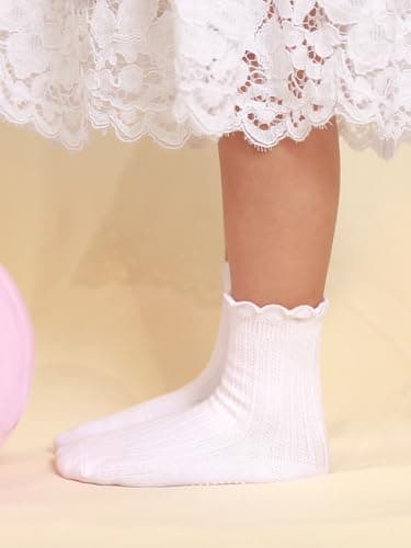 ALLOVIN 6 Pairs Non-Slip Ruffle Lace Socks for Baby & Toddler Girls – Soft Cotton Grip Socks | Off-white | 6-12 Months - Thumbnail 2