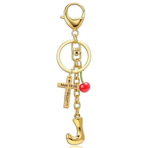 Jekvill Bubble letter Keychain with Cross & Cherry - Initial Keychain Gold Letter J Bag Charms for Women, Cute Purse Handbag Accessories - Image 1