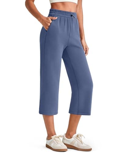 G4Free Summer Pants for Women Casual Pants with Pockets Soft Wide Leg High Waist Trousers Loose Relaxed Lounge Capri Pants(Denim Blue,Regular) - Image 1