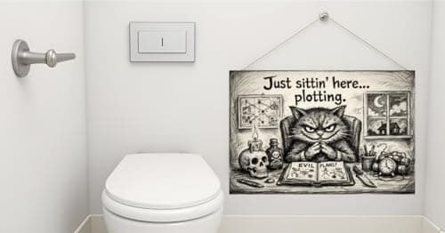 Just Sittin Here Plotting Metal Tin Sign Dark Humor Cat Artwork Funny Bathroom Wall Decor Gothic Sketch Style Plaque Restroom Home Office Gift 8x12 Inch Pre Drilled Hanging Art - Thumbnail 3