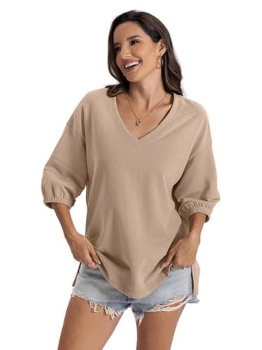 EasyGala Womens Cotton V Neck Sweatshirt 3/4 Sleeve Slouchy Fit Going Out Tops Trendy Side Slit Work Shirt Casual Fall Lightweight Outfits Y2K Winter Clothes 2025 Coffee Grey Medium - Thumbnail 2