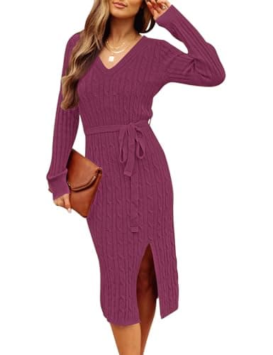 MEROKEETY Women's Winter Spring Long Sleeve Sweater Dress 2026 Fall V Neck Cable Knit Slit Bodycon Midi Dresses, Raspberry, XL - Image 1