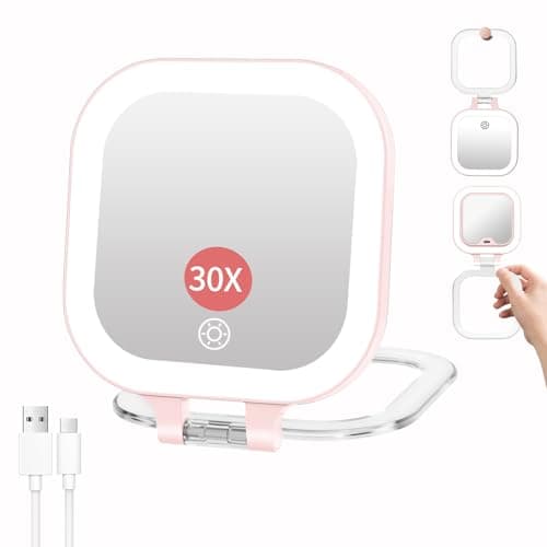 FUNTOUCH Travel Makeup Mirror with Light, 1X/30X Magnifying with 3 Light Settings & Adjustable Brightness,Rechargeable Folding Compact Double Sides Mirror for Home and Travel, Soft Pink - Image 1