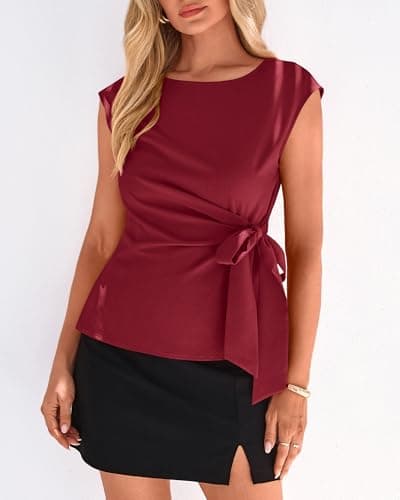 BTFBM Womens Tops Summer 2026 Cap Sleeve Crew Neck Tie Waist Blouses Dressy Casual Business Work Clothes Early Fall Fashion(Red, X-Small) - Thumbnail 2