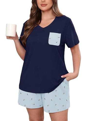 AusLook Plus Size Pajama Set for Women 2 Piece V Neck Short Sleeve Loungewear 3X Set with Pajama Printed Shorts Summer Sleepwear Loose Fit 1X-5X - Image 1