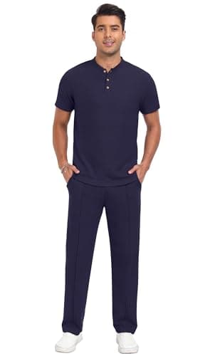 PrinStory Men's Short Sleeve Outfits Waffle Knit Henley Shirt and Pants Set Casual 2 Pieces Summer Tracksuits with Pockets Navy Blue-M - Thumbnail 2