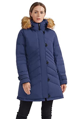 Orolay Women's Hooded Slim Puffer Jacket Quilted Mid Length Winter Down CoatNavy S - Image 1