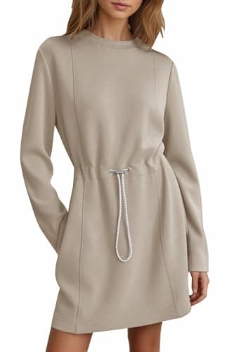 COCOMARTS Womens Casual Long Sleeve Crewneck Sweatshirt Dress Drawstring Waistband Tunic Tops Vacation Mini Dresses 2025 Fall Khaki Large - Image 1