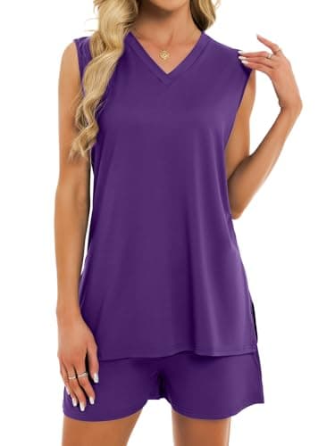 VUTRU Womens Short Set 2 Piece Summer Outfits Matching V Neck Tank Top and Shorts with Pockets Lounge Beach Vacation Casual Purple S - Image 1