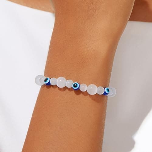 Cicy Bell Evil Eye Bracelets for Women Natural Cat's Eye Gemstone Stretch Elastic Healing Bracelet for Women Lucky Birthday Gifts - Thumbnail 2