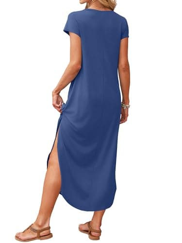 RUMIA Summer Casual Maxi Dresses for Women- Women's V Neck Cap Sleeve Long Sundress with Pockets Beach Vacation - Thumbnail 4