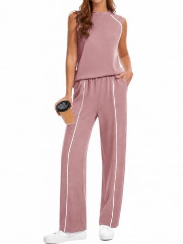 imbpceu Two Piece Lounge Sets for Women Sleeveless Crew Neck Tops with Wide Leg Pants Casual Summer Vacation outfits Dusty Pink L - Image 1