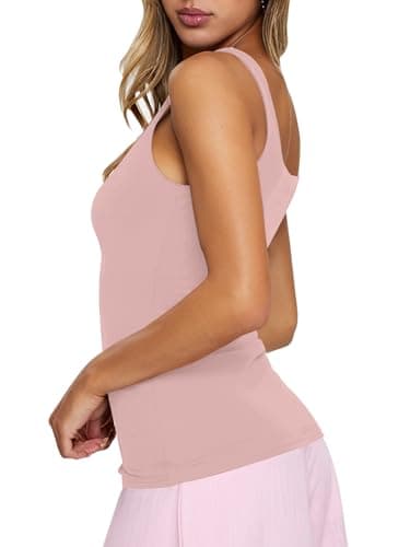 PINKMSTYLE Square Neck Tank Tops for Women Double Layer Slim Sleeveless Summer Top Mist Pink Large - Thumbnail 3