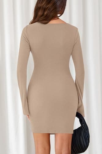dowerme Women's Casual Mini Dress 2026 Bell Long Sleeve Boat Neck Tie Waist Bodycon Dresses Knitted Party Fall Outfits(Khaki,XX-Large) - Thumbnail 5