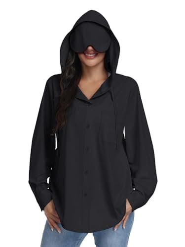 Kimmery UPF 50+ Travel Hoodie with Eye Mask for Women Outdoor Button Up Sun Shirt with Pockets for Airplane Black M - Image 1