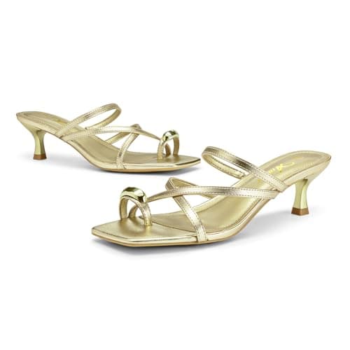 Athlefit Gold Kitten Heels for Women Strappy Flip Flop Low Heels Square Open Toe Slip On Fashion Dress Short Heeled Sandals for Wedding Prom Size 9 - Thumbnail 6