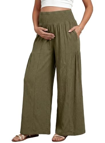 BLENCOT Plus Size Palazzo Pants for Women Casual Smocked Waisted Wide Leg Maternity Pants with Pockets Green XX-Large - Image 1