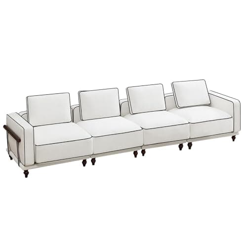 146" Cloud Modular Sectional Sofa,Oversized Deep 4 Seater Couch with Armrests Wooden Legs,Comfy Thicked Cushion Upholstered Sofa for Living Room Bedroom,White