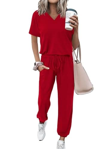 MASCOMODA Womens 2 Piece Outfits Summer Casual V Neck Short Sleeve Tops Long Pants Tracksuit Lounge Jogger Set with Pockets(Red,Small) - Image 1