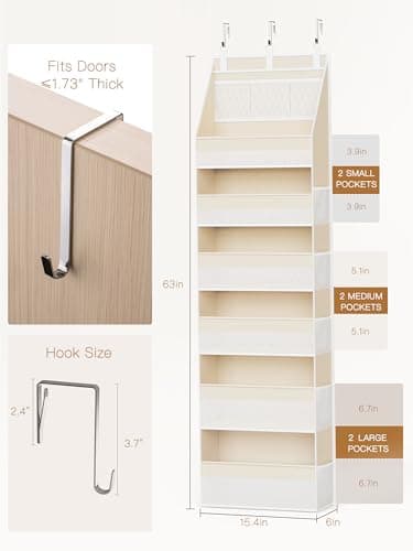 Criusia Over the Door Organizer, 6-Shelf Closet Hanging Storage with 13 Mesh Pockets, 55lbs Capacity Behind the Door Storage for Baby Nursery, Bathroom, Bedroom, and Dorm, Beige - Thumbnail 2