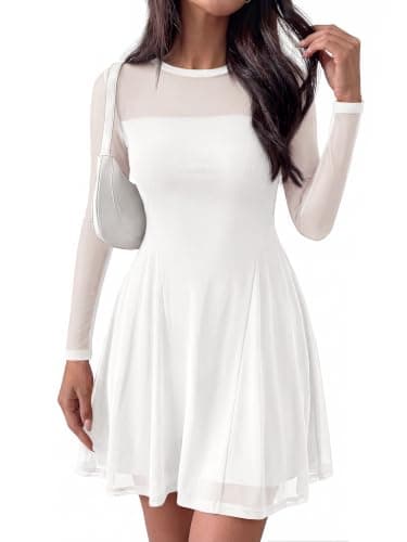 BTFBM Women’s Mini Dress Sheer Mesh Long Sleeve Flowy A Line Casual Cocktail Party Going Out Dresses 2026 Fall Fashion(White, Small) - Thumbnail 4