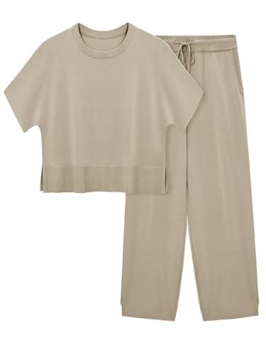 Fisoew Womens 2 Piece Outfits Sweater Sets Knit Split Crop Tops High Waisted Pants Lounge Set - Image 1