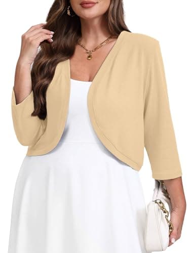 AusLook Plus Size Women Bolero Shrugs 3/4 Sleeve Khaki Heather 3X Open Front Knit Lightweight Coat Cropped Tops Shawls and Wraps Cardigan Dressy Sweater Clothes