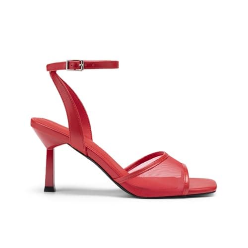 Athlefit Red High Heels for Women Mesh Square Open Toe 3-Inch Stiletto Heels Ankle Strap Buckle Dress Wedding Heeled Sandals Size 7 - Thumbnail 4