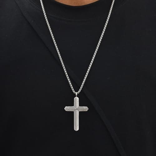 Stainless Steel Cross Necklace for Men, Silver Black gold plated Cross Pendant Jesus Necklace Chain, Non Tarnish Sturdy Mens Christian Jewelry Gifts for Him Baptism Confirmation Birthday, 24 Inch - Thumbnail 3
