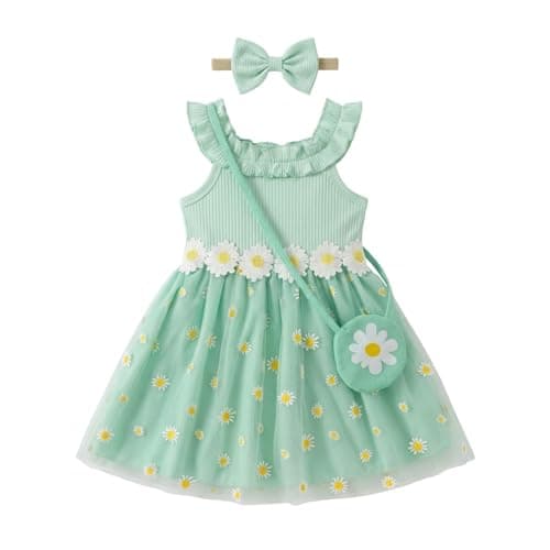 Toddler Girl Daisy Dress Set 3Pcs Ribbed Knit Tulle Sundress with Bag & Headband Cute Summer Floral Outfit for First Birthday Party Light Green 6-9Months - Image 1