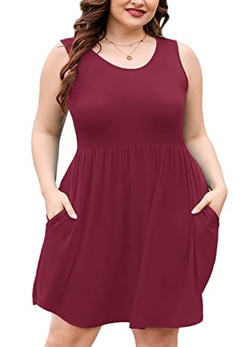 AusLook Plus Size Summer Tank Dress for Women Burgundy 3X Casual Sleeveless Crewneck Flowy Pleated Sun Maternity Tunic Dresses Babydoll Tshirt Swing Vacation Sundresses with Pockets - Image 1