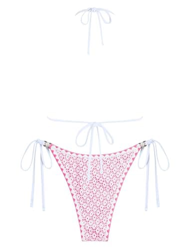 ZAFUL Womens 2 Piece Triangle Bikini Hollow Out Halter Bikini Sets Sexy Bathing Suit High Waisted Side Tie Swimsuits 1-Pink M - Thumbnail 4